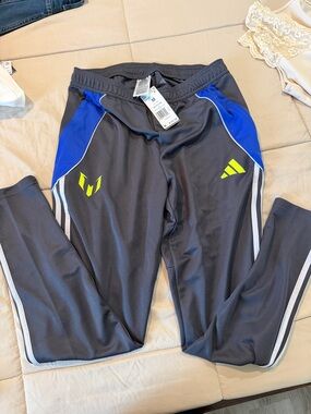 adidas Originals Gray Sweatpants with Blue Panels and Neon Yellow Logos